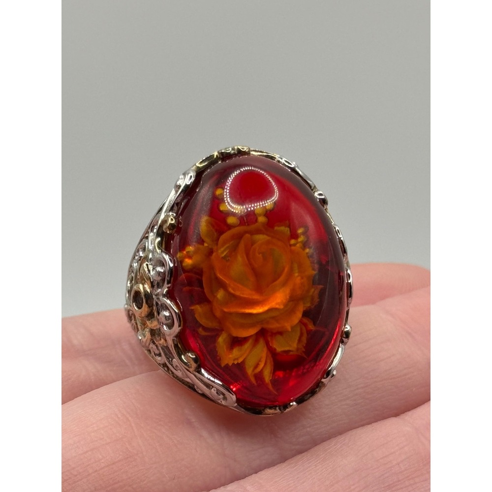 Michael Valitutti Gems En Vogue Carved Amber Rose Flower Sterling Silver Ring